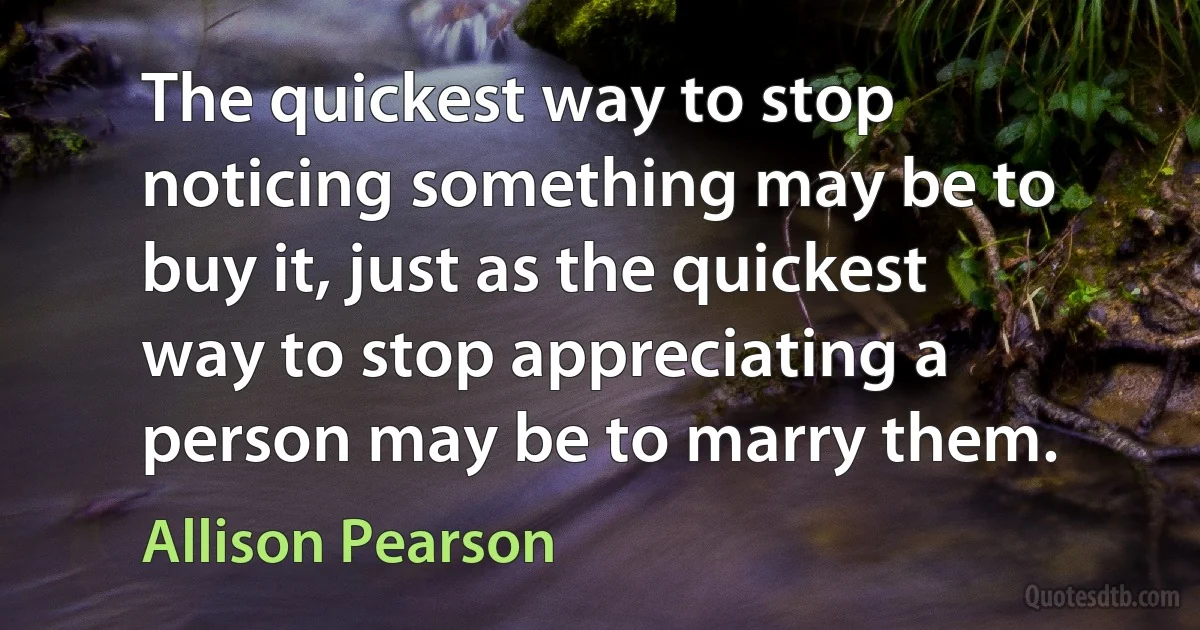 The quickest way to stop noticing something may be to buy it, just as the quickest way to stop appreciating a person may be to marry them. (Allison Pearson)