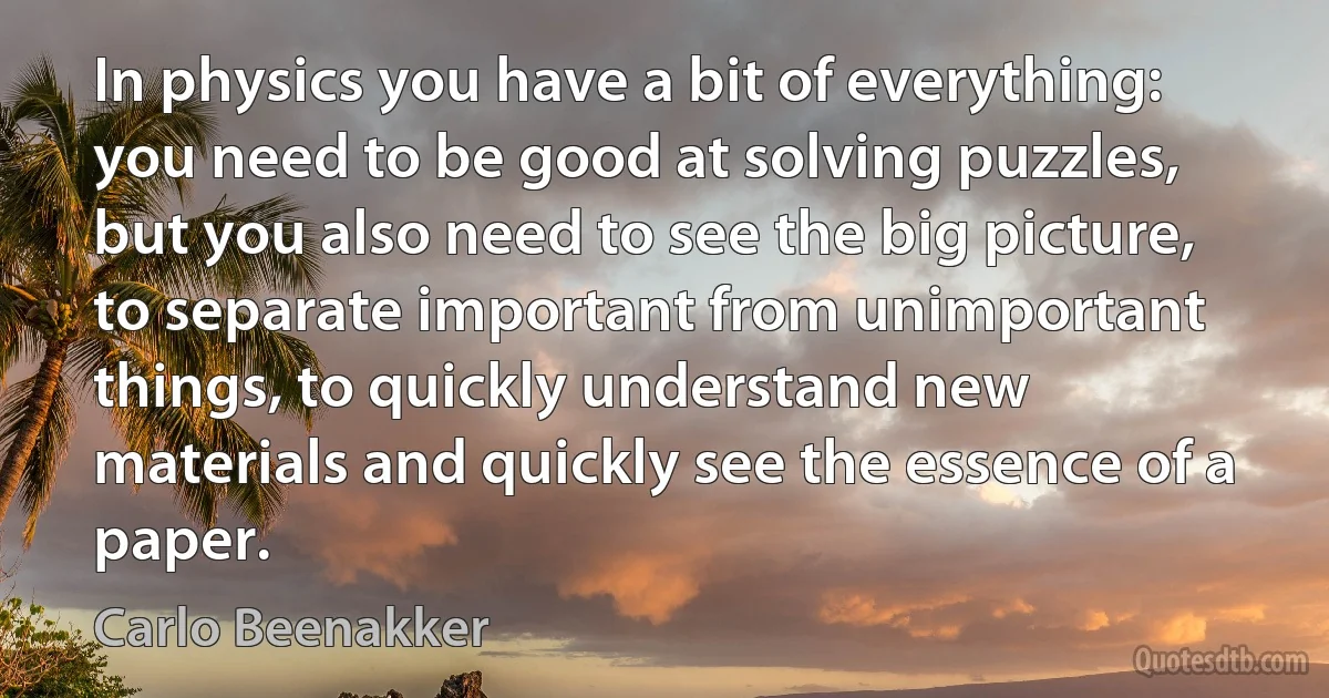 In physics you have a bit of everything: you need to be good at solving puzzles, but you also need to see the big picture, to separate important from unimportant things, to quickly understand new materials and quickly see the essence of a paper. (Carlo Beenakker)