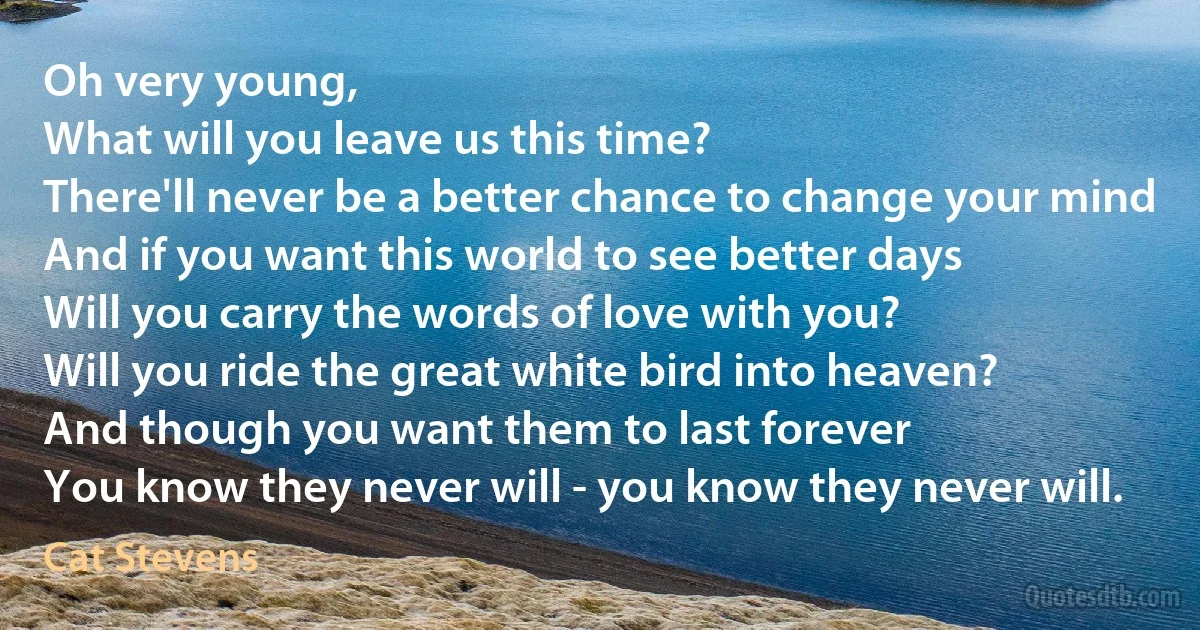 Oh very young,
What will you leave us this time?
There'll never be a better chance to change your mind
And if you want this world to see better days
Will you carry the words of love with you?
Will you ride the great white bird into heaven?
And though you want them to last forever
You know they never will - you know they never will. (Cat Stevens)