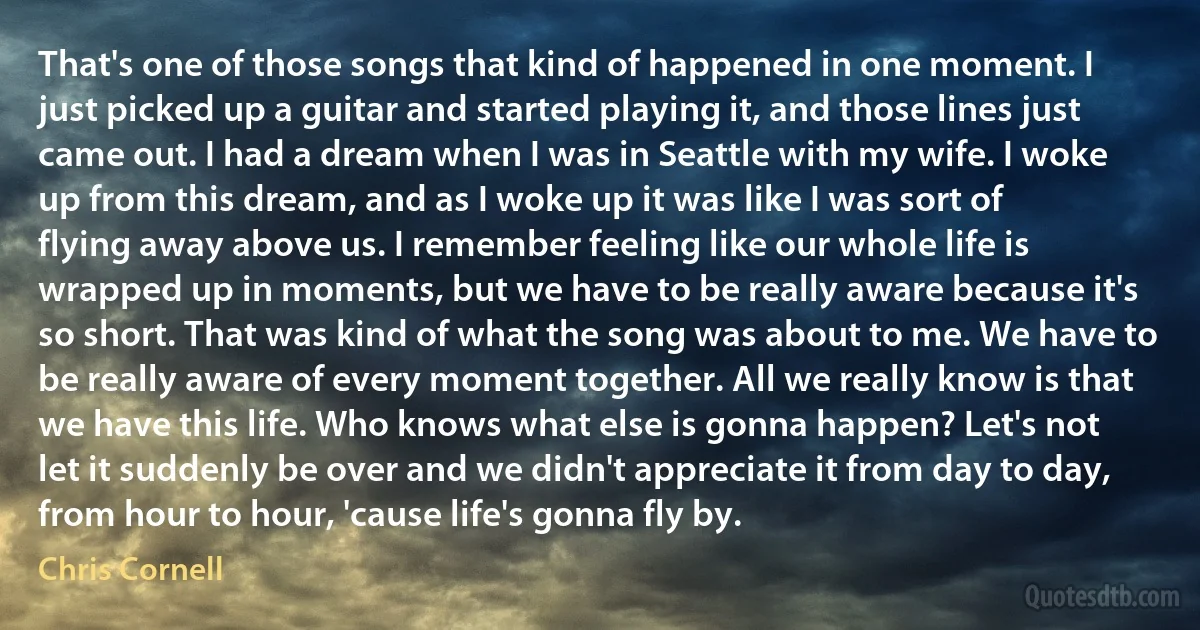 That's one of those songs that kind of happened in one moment. I just picked up a guitar and started playing it, and those lines just came out. I had a dream when I was in Seattle with my wife. I woke up from this dream, and as I woke up it was like I was sort of flying away above us. I remember feeling like our whole life is wrapped up in moments, but we have to be really aware because it's so short. That was kind of what the song was about to me. We have to be really aware of every moment together. All we really know is that we have this life. Who knows what else is gonna happen? Let's not let it suddenly be over and we didn't appreciate it from day to day, from hour to hour, 'cause life's gonna fly by. (Chris Cornell)