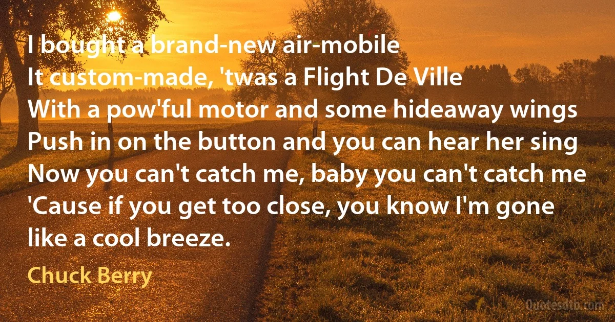 I bought a brand-new air-mobile
It custom-made, 'twas a Flight De Ville
With a pow'ful motor and some hideaway wings
Push in on the button and you can hear her sing
Now you can't catch me, baby you can't catch me
'Cause if you get too close, you know I'm gone like a cool breeze. (Chuck Berry)