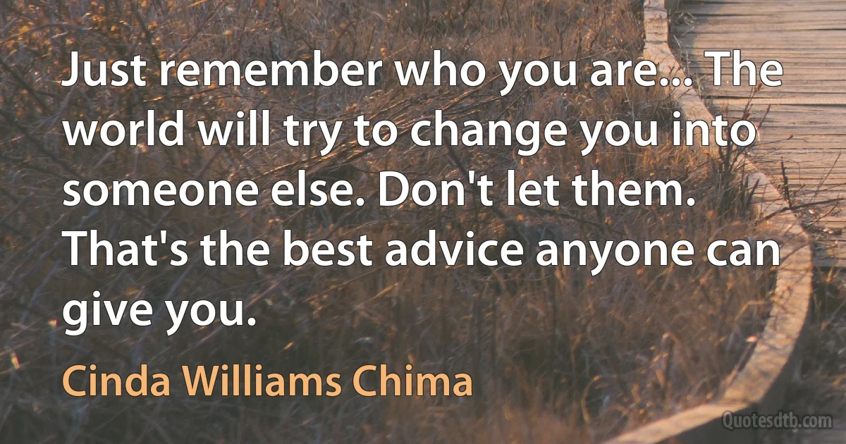 Just remember who you are... The world will try to change you into someone else. Don't let them. That's the best advice anyone can give you. (Cinda Williams Chima)