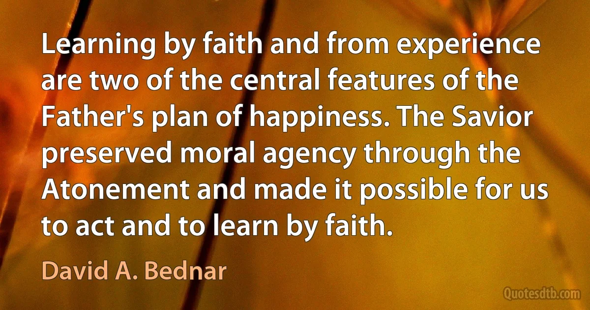 Learning by faith and from experience are two of the central features of the Father's plan of happiness. The Savior preserved moral agency through the Atonement and made it possible for us to act and to learn by faith. (David A. Bednar)