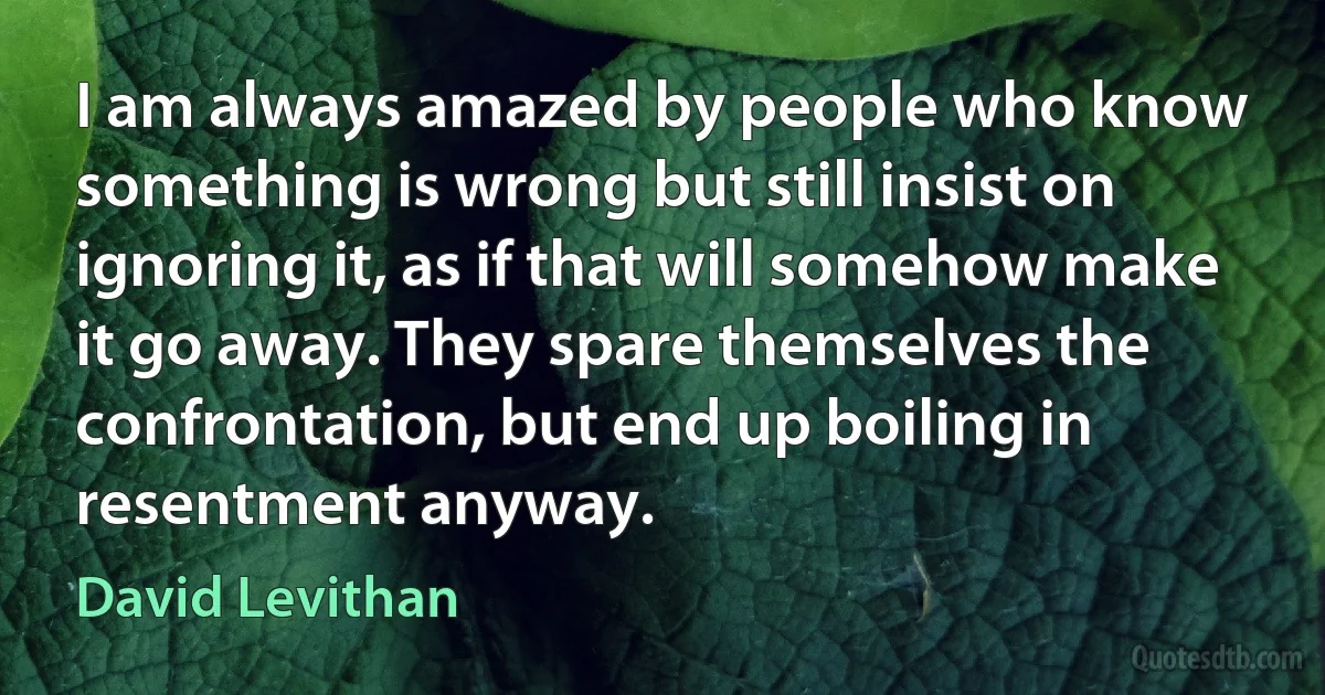 I am always amazed by people who know something is wrong but still insist on ignoring it, as if that will somehow make it go away. They spare themselves the confrontation, but end up boiling in resentment anyway. (David Levithan)