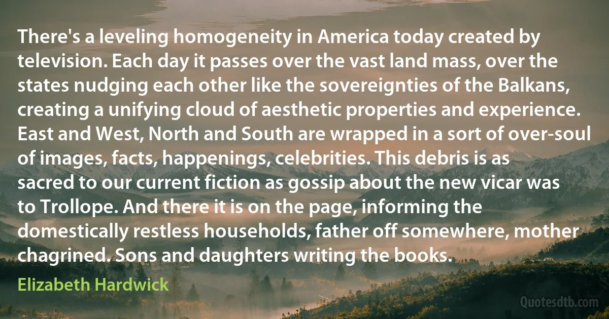 There's a leveling homogeneity in America today created by television. Each day it passes over the vast land mass, over the states nudging each other like the sovereignties of the Balkans, creating a unifying cloud of aesthetic properties and experience. East and West, North and South are wrapped in a sort of over-soul of images, facts, happenings, celebrities. This debris is as sacred to our current fiction as gossip about the new vicar was to Trollope. And there it is on the page, informing the domestically restless households, father off somewhere, mother chagrined. Sons and daughters writing the books. (Elizabeth Hardwick)