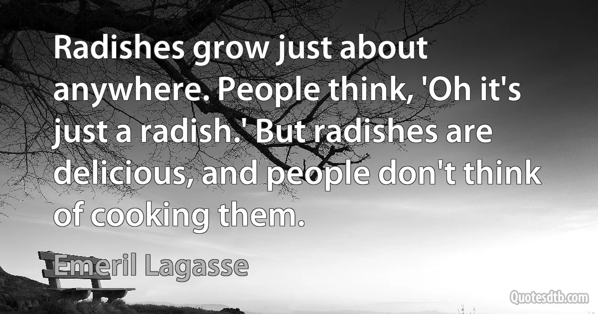 Radishes grow just about anywhere. People think, 'Oh it's just a radish.' But radishes are delicious, and people don't think of cooking them. (Emeril Lagasse)