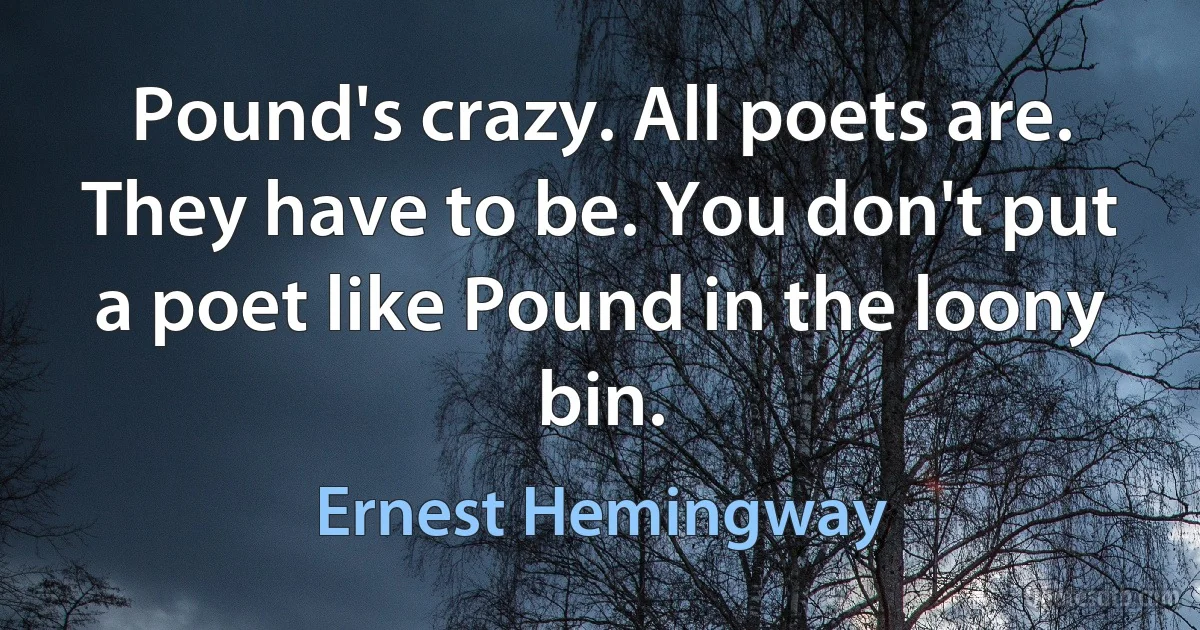 Pound's crazy. All poets are. They have to be. You don't put a poet like Pound in the loony bin. (Ernest Hemingway)