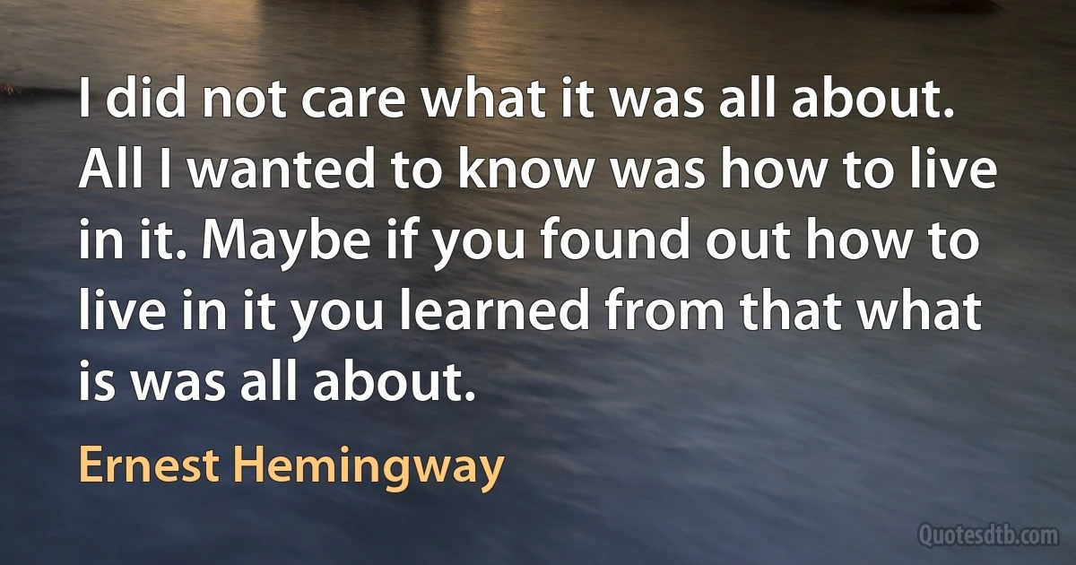 I did not care what it was all about. All I wanted to know was how to live in it. Maybe if you found out how to live in it you learned from that what is was all about. (Ernest Hemingway)