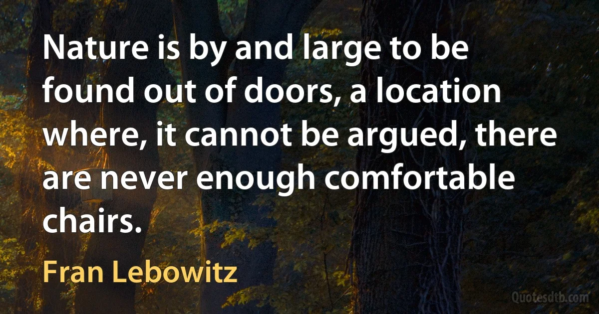 Nature is by and large to be found out of doors, a location where, it cannot be argued, there are never enough comfortable chairs. (Fran Lebowitz)