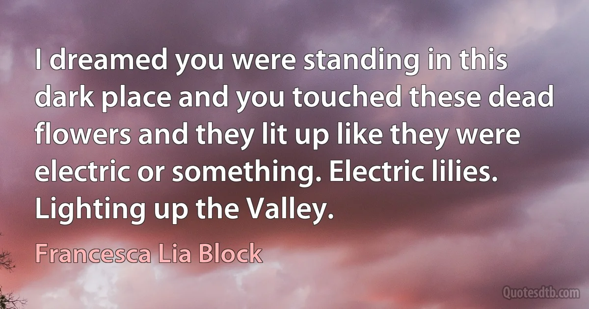 I dreamed you were standing in this dark place and you touched these dead flowers and they lit up like they were electric or something. Electric lilies. Lighting up the Valley. (Francesca Lia Block)