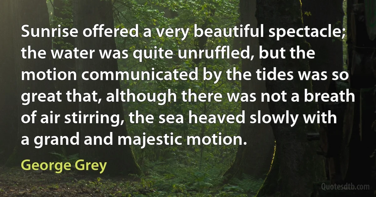 Sunrise offered a very beautiful spectacle; the water was quite unruffled, but the motion communicated by the tides was so great that, although there was not a breath of air stirring, the sea heaved slowly with a grand and majestic motion. (George Grey)