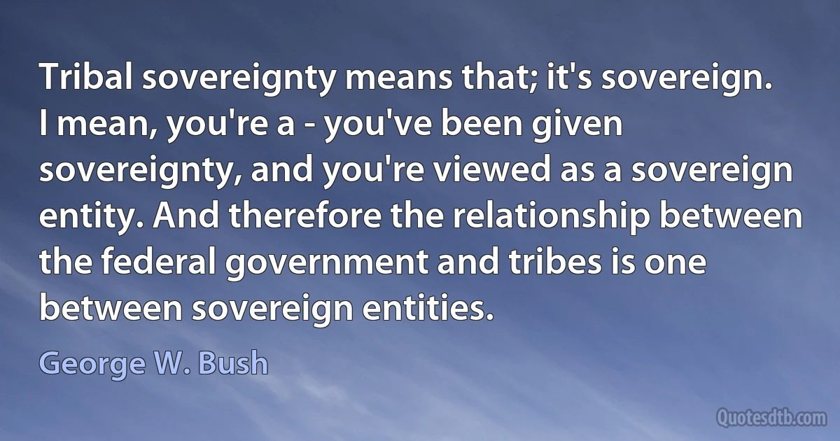 Tribal sovereignty means that; it's sovereign. I mean, you're a - you've been given sovereignty, and you're viewed as a sovereign entity. And therefore the relationship between the federal government and tribes is one between sovereign entities. (George W. Bush)