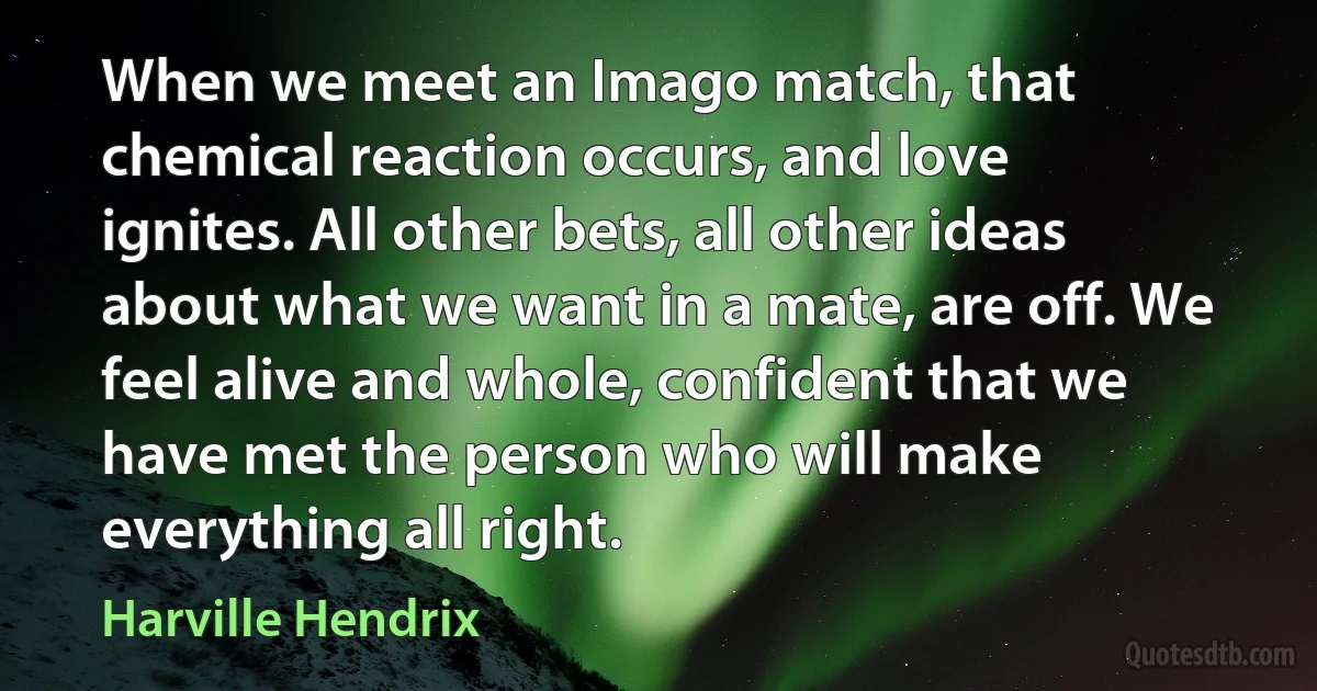 When we meet an Imago match, that chemical reaction occurs, and love ignites. All other bets, all other ideas about what we want in a mate, are off. We feel alive and whole, confident that we have met the person who will make everything all right. (Harville Hendrix)