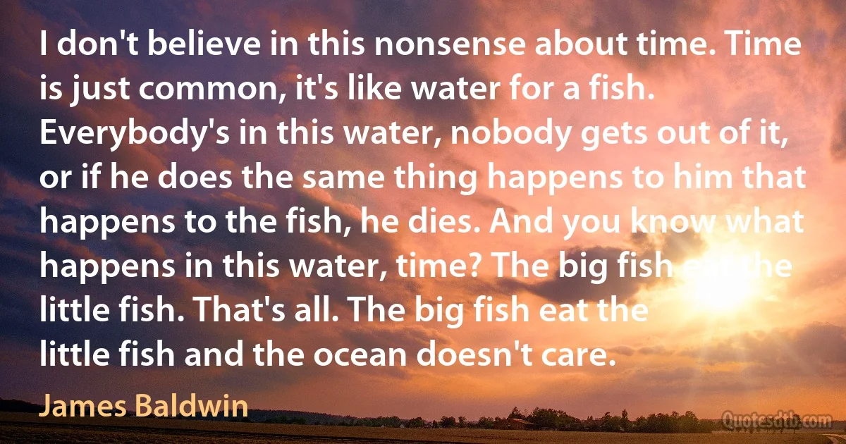 I don't believe in this nonsense about time. Time is just common, it's like water for a fish. Everybody's in this water, nobody gets out of it, or if he does the same thing happens to him that happens to the fish, he dies. And you know what happens in this water, time? The big fish eat the little fish. That's all. The big fish eat the little fish and the ocean doesn't care. (James Baldwin)