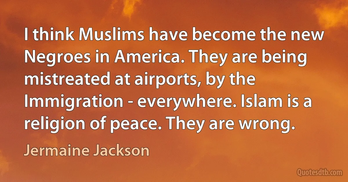 I think Muslims have become the new Negroes in America. They are being mistreated at airports, by the Immigration - everywhere. Islam is a religion of peace. They are wrong. (Jermaine Jackson)