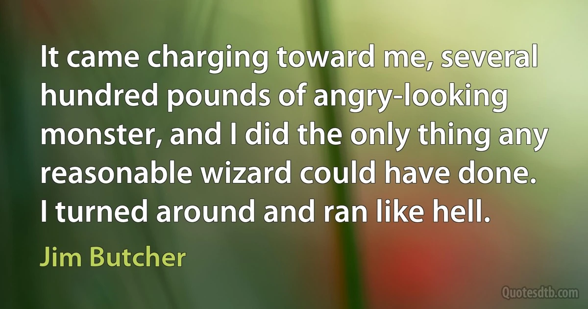 It came charging toward me, several hundred pounds of angry-looking monster, and I did the only thing any reasonable wizard could have done.
I turned around and ran like hell. (Jim Butcher)