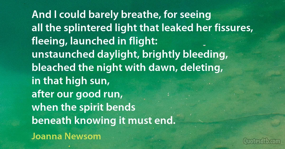 And I could barely breathe, for seeing
all the splintered light that leaked her fissures,
fleeing, launched in flight:
unstaunched daylight, brightly bleeding,
bleached the night with dawn, deleting,
in that high sun,
after our good run,
when the spirit bends
beneath knowing it must end. (Joanna Newsom)