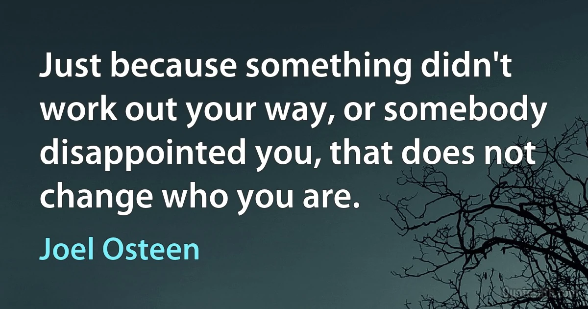 Just because something didn't work out your way, or somebody disappointed you, that does not change who you are. (Joel Osteen)