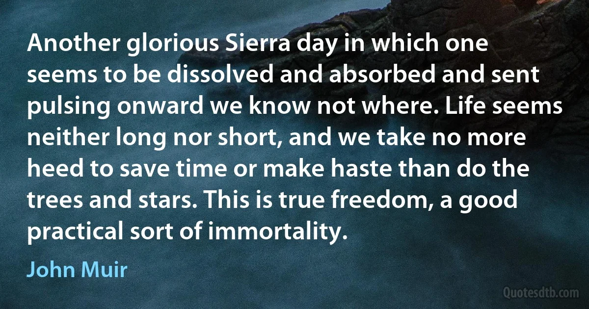 Another glorious Sierra day in which one seems to be dissolved and absorbed and sent pulsing onward we know not where. Life seems neither long nor short, and we take no more heed to save time or make haste than do the trees and stars. This is true freedom, a good practical sort of immortality. (John Muir)