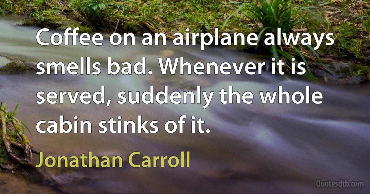 Coffee on an airplane always smells bad. Whenever it is served, suddenly the whole cabin stinks of it. (Jonathan Carroll)