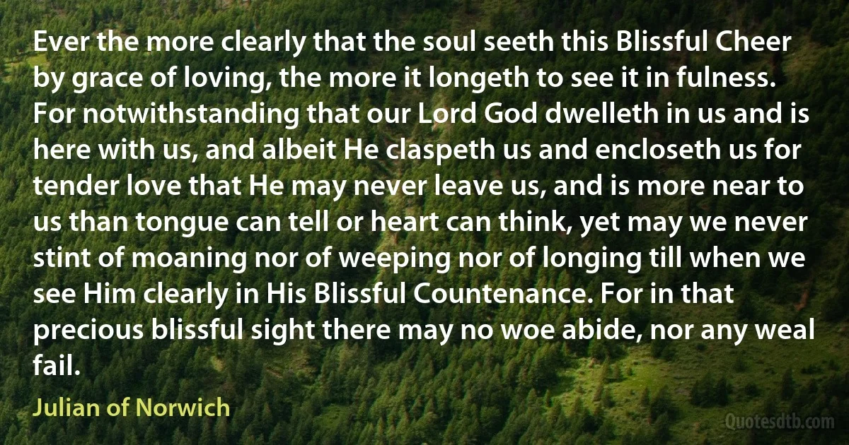 Ever the more clearly that the soul seeth this Blissful Cheer by grace of loving, the more it longeth to see it in fulness. For notwithstanding that our Lord God dwelleth in us and is here with us, and albeit He claspeth us and encloseth us for tender love that He may never leave us, and is more near to us than tongue can tell or heart can think, yet may we never stint of moaning nor of weeping nor of longing till when we see Him clearly in His Blissful Countenance. For in that precious blissful sight there may no woe abide, nor any weal fail. (Julian of Norwich)