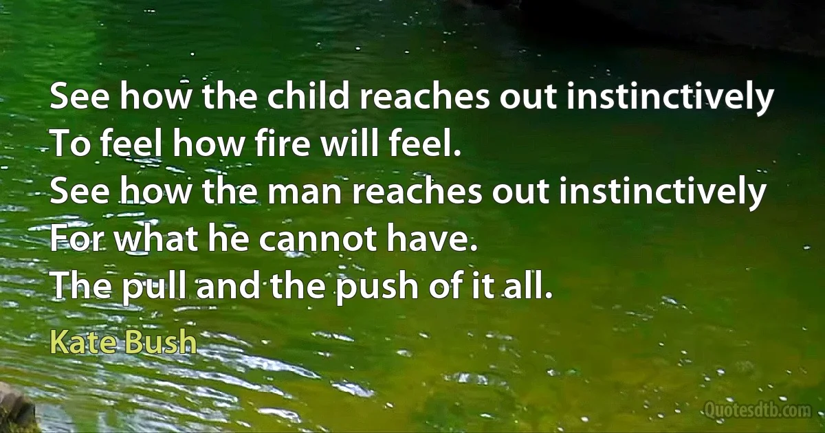 See how the child reaches out instinctively
To feel how fire will feel.
See how the man reaches out instinctively
For what he cannot have.
The pull and the push of it all. (Kate Bush)