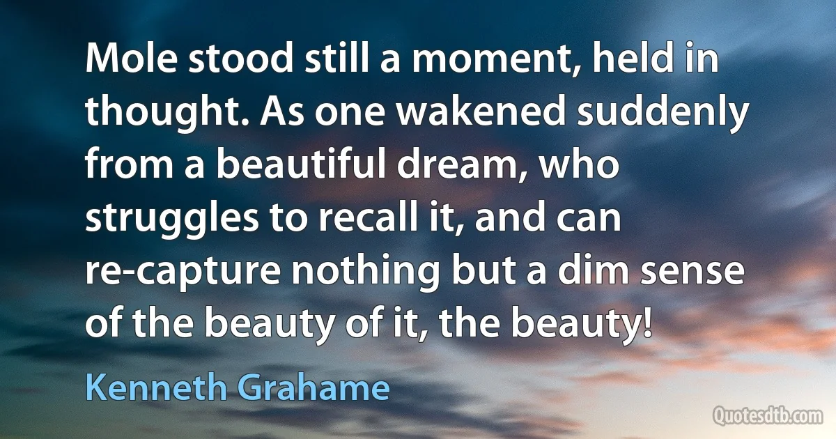 Mole stood still a moment, held in thought. As one wakened suddenly from a beautiful dream, who struggles to recall it, and can re-capture nothing but a dim sense of the beauty of it, the beauty! (Kenneth Grahame)