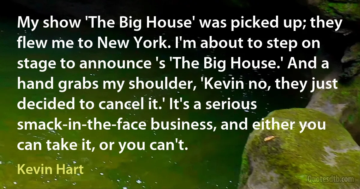 My show 'The Big House' was picked up; they flew me to New York. I'm about to step on stage to announce 's 'The Big House.' And a hand grabs my shoulder, 'Kevin no, they just decided to cancel it.' It's a serious smack-in-the-face business, and either you can take it, or you can't. (Kevin Hart)