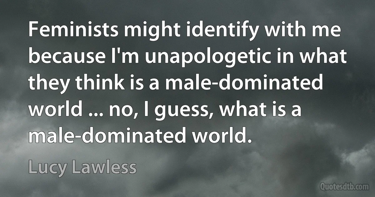 Feminists might identify with me because I'm unapologetic in what they think is a male-dominated world ... no, I guess, what is a male-dominated world. (Lucy Lawless)