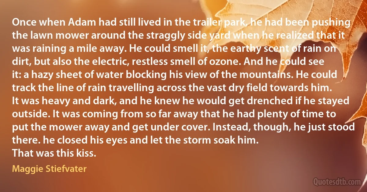 Once when Adam had still lived in the trailer park, he had been pushing the lawn mower around the straggly side yard when he realized that it was raining a mile away. He could smell it, the earthy scent of rain on dirt, but also the electric, restless smell of ozone. And he could see it: a hazy sheet of water blocking his view of the mountains. He could track the line of rain travelling across the vast dry field towards him. It was heavy and dark, and he knew he would get drenched if he stayed outside. It was coming from so far away that he had plenty of time to put the mower away and get under cover. Instead, though, he just stood there. he closed his eyes and let the storm soak him.
That was this kiss. (Maggie Stiefvater)