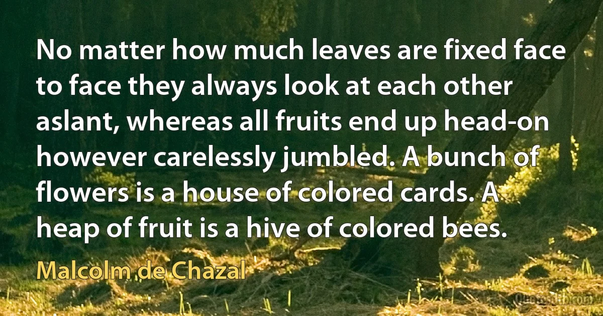 No matter how much leaves are fixed face to face they always look at each other aslant, whereas all fruits end up head-on however carelessly jumbled. A bunch of flowers is a house of colored cards. A heap of fruit is a hive of colored bees. (Malcolm de Chazal)