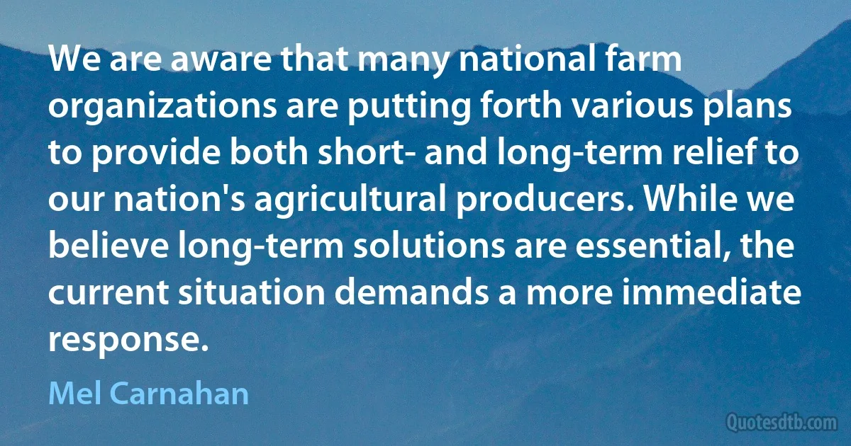 We are aware that many national farm organizations are putting forth various plans to provide both short- and long-term relief to our nation's agricultural producers. While we believe long-term solutions are essential, the current situation demands a more immediate response. (Mel Carnahan)