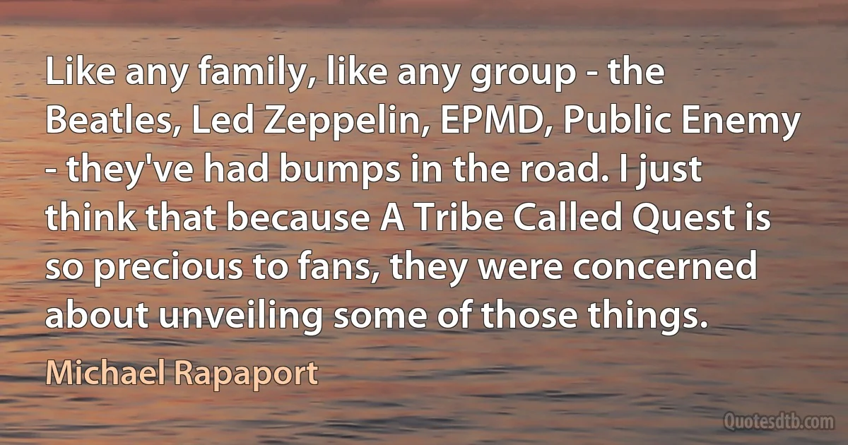 Like any family, like any group - the Beatles, Led Zeppelin, EPMD, Public Enemy - they've had bumps in the road. I just think that because A Tribe Called Quest is so precious to fans, they were concerned about unveiling some of those things. (Michael Rapaport)