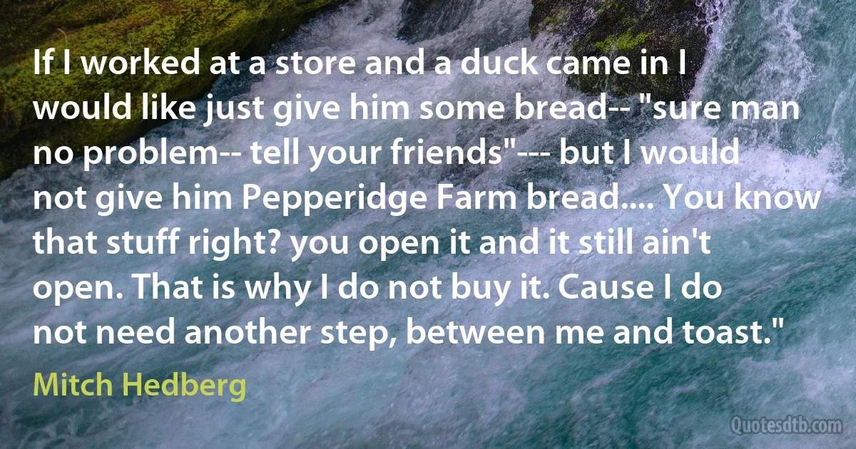 If I worked at a store and a duck came in I would like just give him some bread-- "sure man no problem-- tell your friends"--- but I would not give him Pepperidge Farm bread.... You know that stuff right? you open it and it still ain't open. That is why I do not buy it. Cause I do not need another step, between me and toast." (Mitch Hedberg)