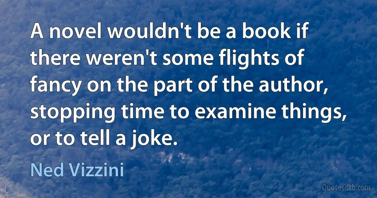 A novel wouldn't be a book if there weren't some flights of fancy on the part of the author, stopping time to examine things, or to tell a joke. (Ned Vizzini)