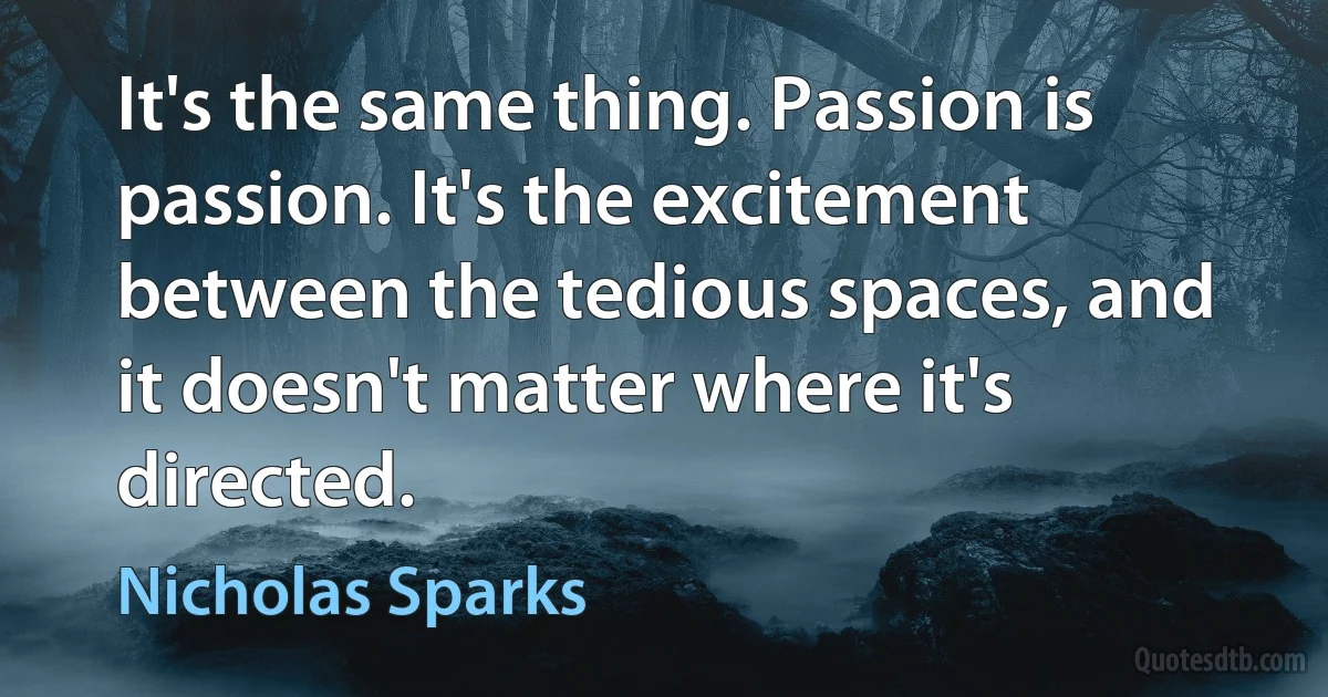 It's the same thing. Passion is passion. It's the excitement between the tedious spaces, and it doesn't matter where it's directed. (Nicholas Sparks)