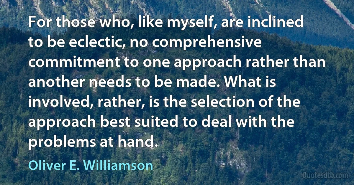 For those who, like myself, are inclined to be eclectic, no comprehensive commitment to one approach rather than another needs to be made. What is involved, rather, is the selection of the approach best suited to deal with the problems at hand. (Oliver E. Williamson)