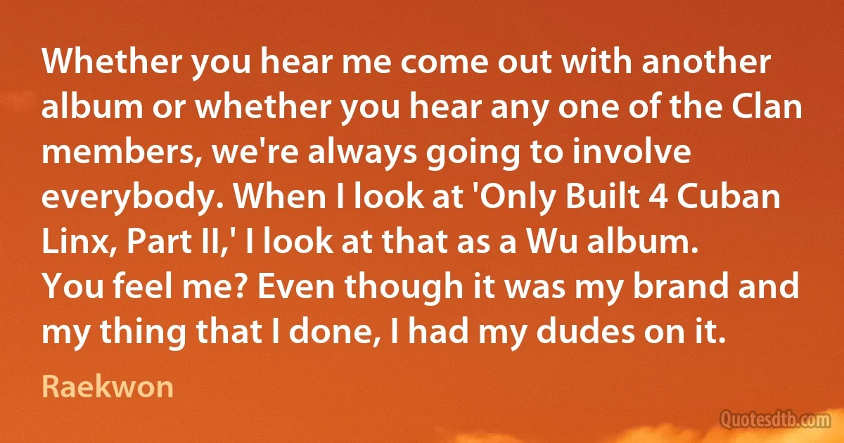 Whether you hear me come out with another album or whether you hear any one of the Clan members, we're always going to involve everybody. When I look at 'Only Built 4 Cuban Linx, Part II,' I look at that as a Wu album. You feel me? Even though it was my brand and my thing that I done, I had my dudes on it. (Raekwon)