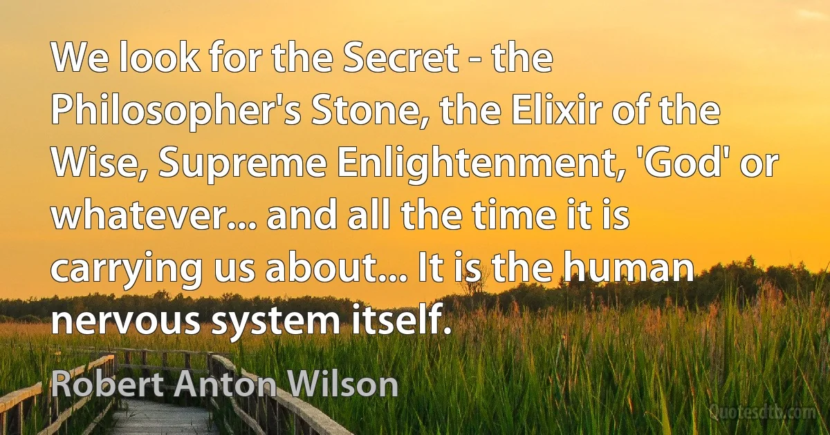 We look for the Secret - the Philosopher's Stone, the Elixir of the Wise, Supreme Enlightenment, 'God' or whatever... and all the time it is carrying us about... It is the human nervous system itself. (Robert Anton Wilson)