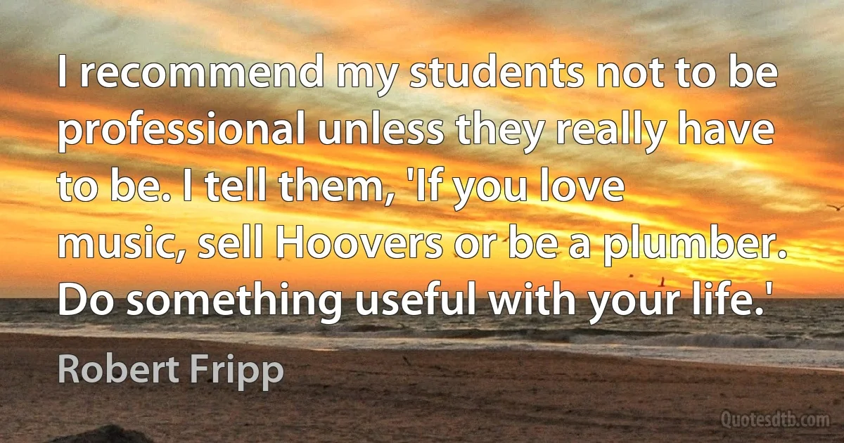 I recommend my students not to be professional unless they really have to be. I tell them, 'If you love music, sell Hoovers or be a plumber. Do something useful with your life.' (Robert Fripp)