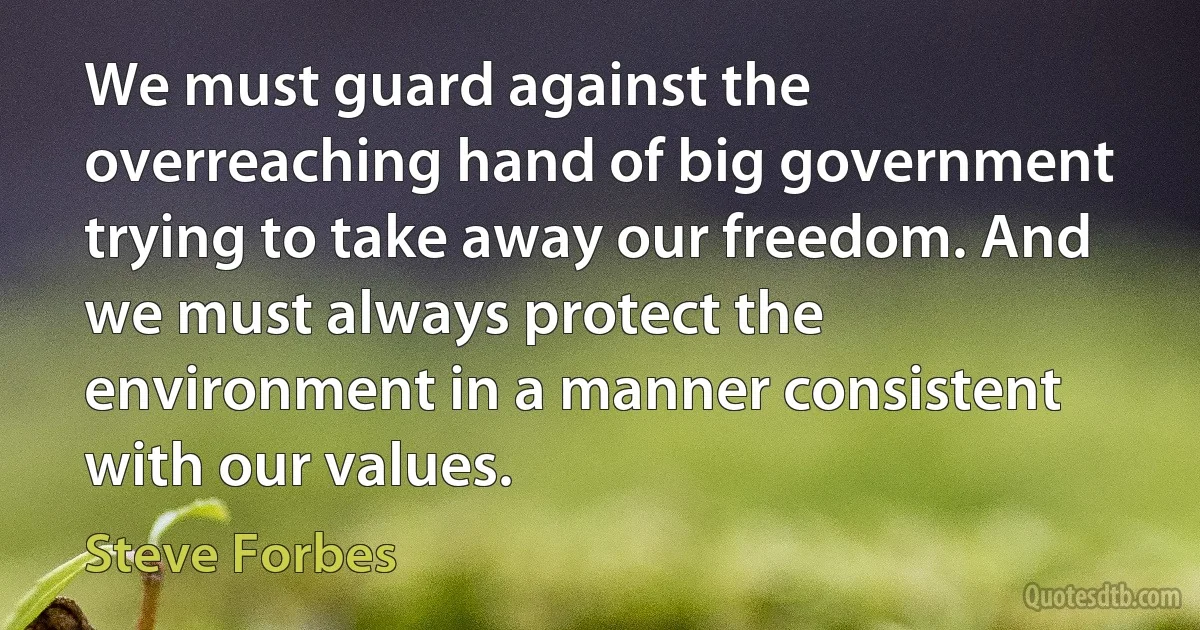 We must guard against the overreaching hand of big government trying to take away our freedom. And we must always protect the environment in a manner consistent with our values. (Steve Forbes)