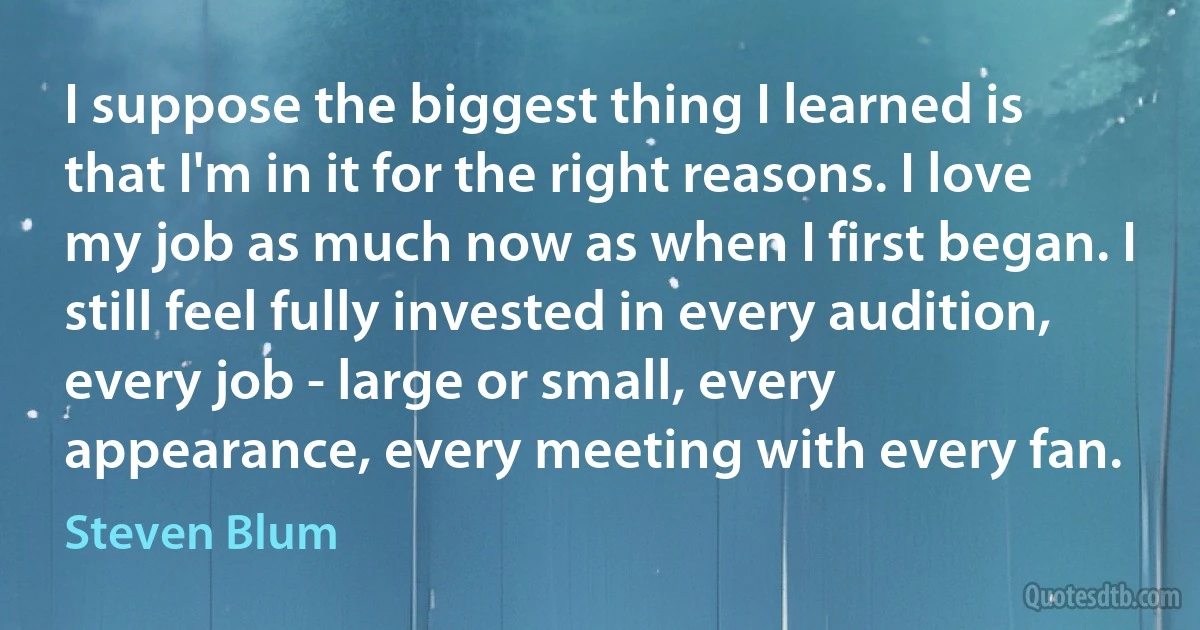 I suppose the biggest thing I learned is that I'm in it for the right reasons. I love my job as much now as when I first began. I still feel fully invested in every audition, every job - large or small, every appearance, every meeting with every fan. (Steven Blum)