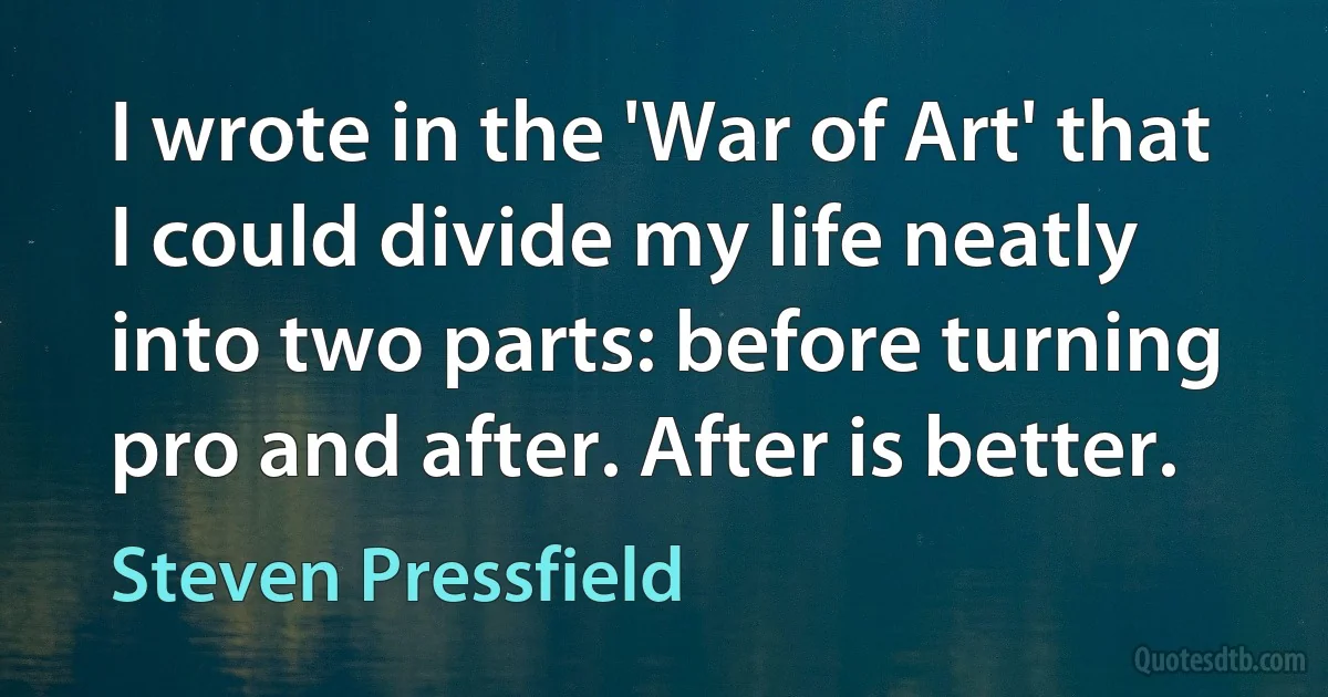 I wrote in the 'War of Art' that I could divide my life neatly into two parts: before turning pro and after. After is better. (Steven Pressfield)