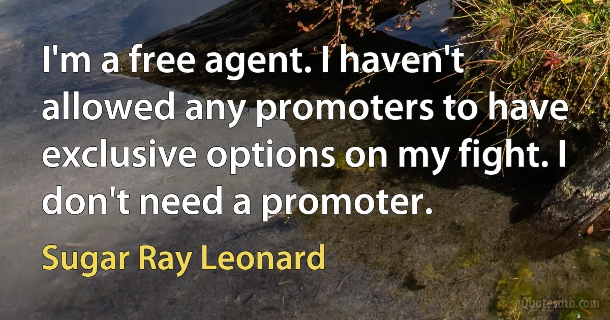 I'm a free agent. I haven't allowed any promoters to have exclusive options on my fight. I don't need a promoter. (Sugar Ray Leonard)