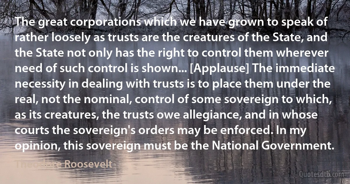 The great corporations which we have grown to speak of rather loosely as trusts are the creatures of the State, and the State not only has the right to control them wherever need of such control is shown... [Applause] The immediate necessity in dealing with trusts is to place them under the real, not the nominal, control of some sovereign to which, as its creatures, the trusts owe allegiance, and in whose courts the sovereign's orders may be enforced. In my opinion, this sovereign must be the National Government. (Theodore Roosevelt)