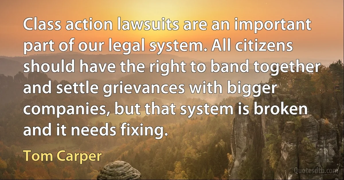 Class action lawsuits are an important part of our legal system. All citizens should have the right to band together and settle grievances with bigger companies, but that system is broken and it needs fixing. (Tom Carper)