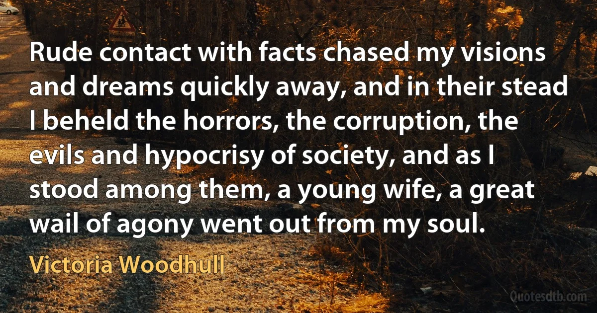 Rude contact with facts chased my visions and dreams quickly away, and in their stead I beheld the horrors, the corruption, the evils and hypocrisy of society, and as I stood among them, a young wife, a great wail of agony went out from my soul. (Victoria Woodhull)