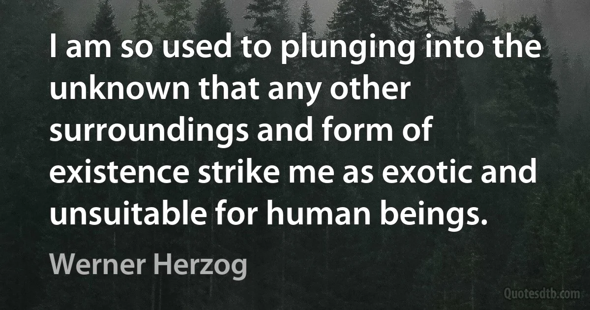 I am so used to plunging into the unknown that any other surroundings and form of existence strike me as exotic and unsuitable for human beings. (Werner Herzog)