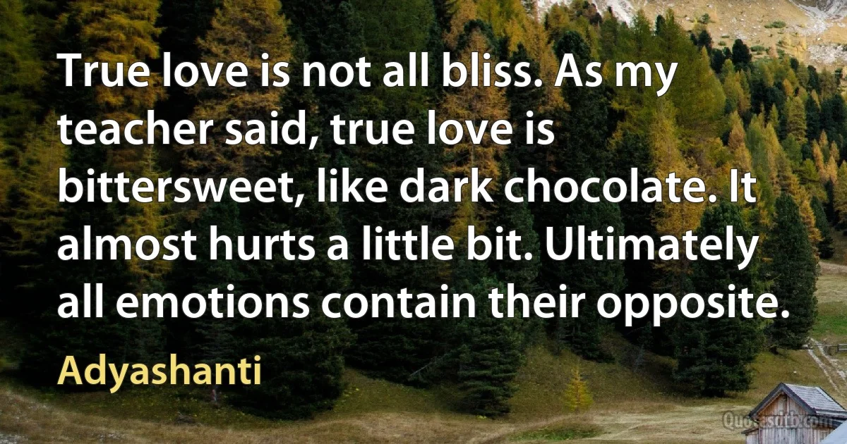 True love is not all bliss. As my teacher said, true love is bittersweet, like dark chocolate. It almost hurts a little bit. Ultimately all emotions contain their opposite. (Adyashanti)