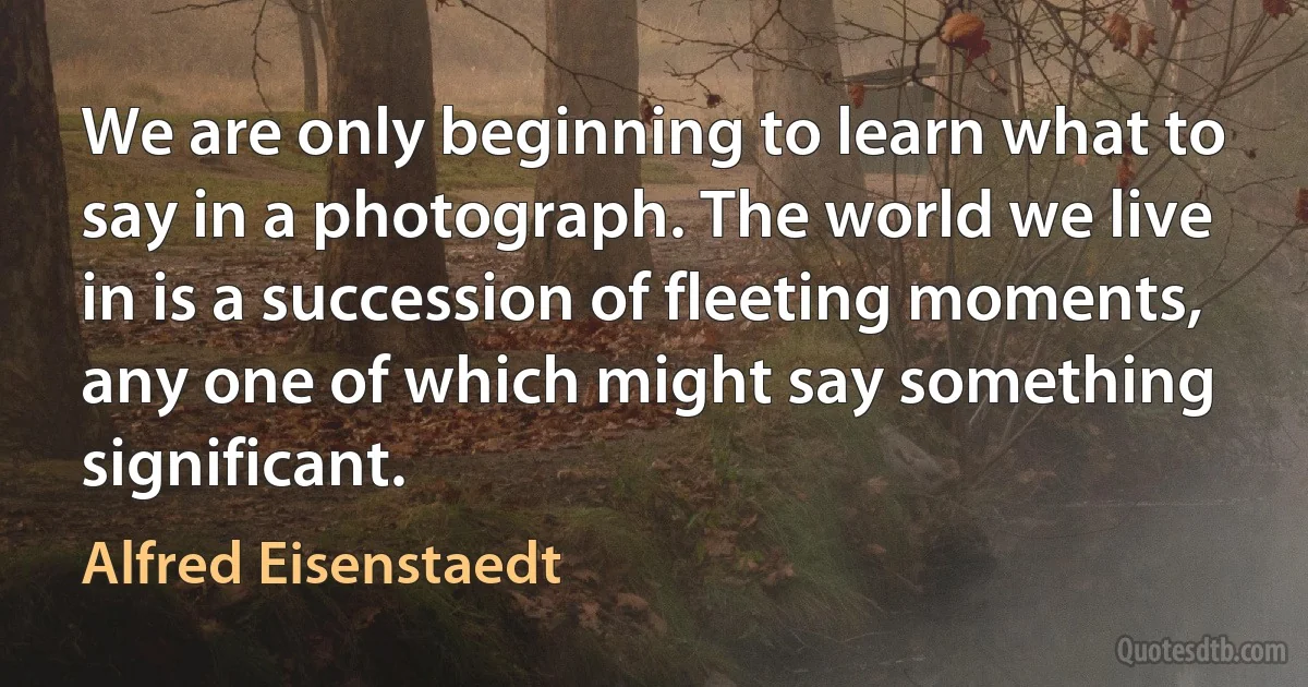 We are only beginning to learn what to say in a photograph. The world we live in is a succession of fleeting moments, any one of which might say something significant. (Alfred Eisenstaedt)